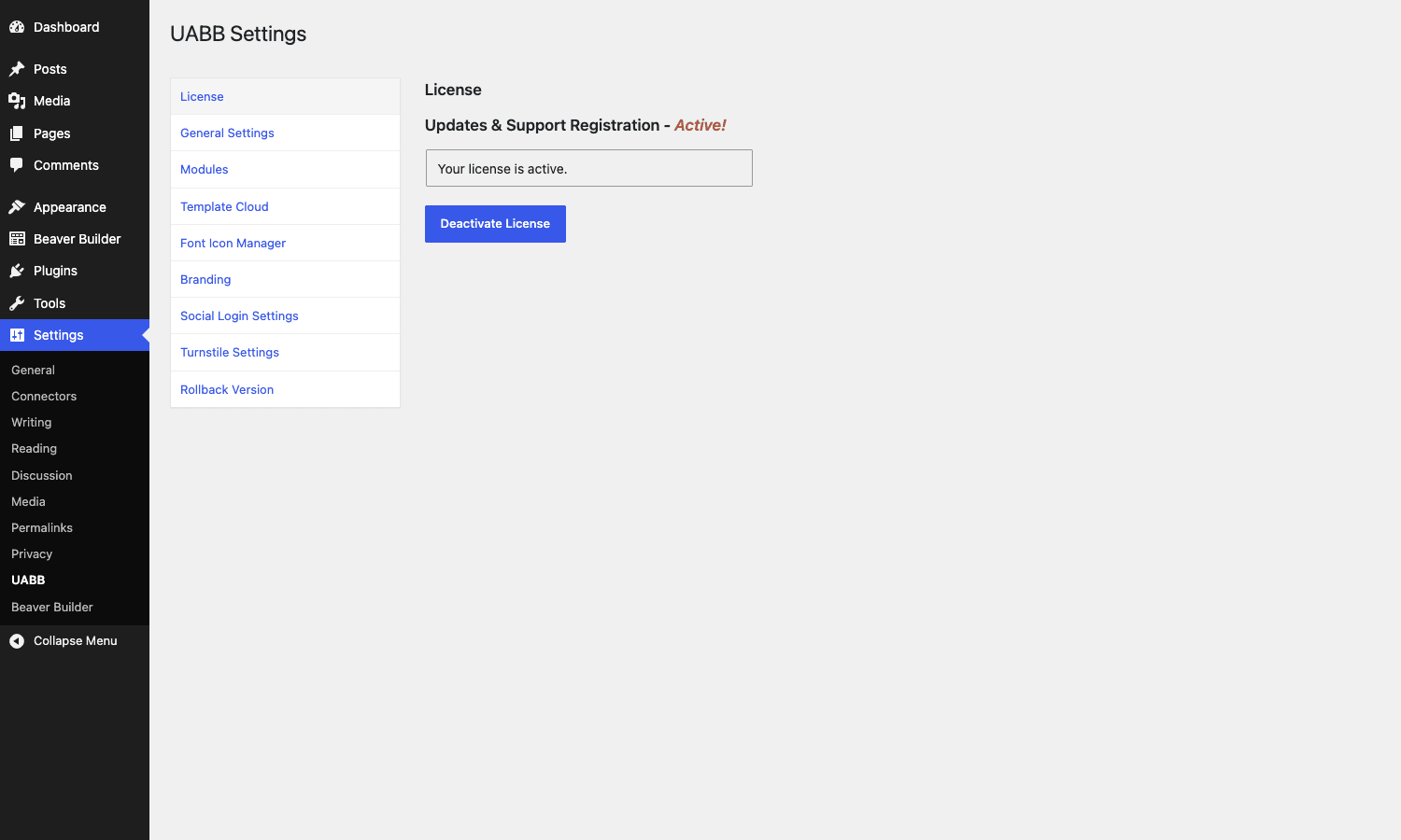 UABB Settings - License tab UABB Settings page in WordPress admin, showing the License tab