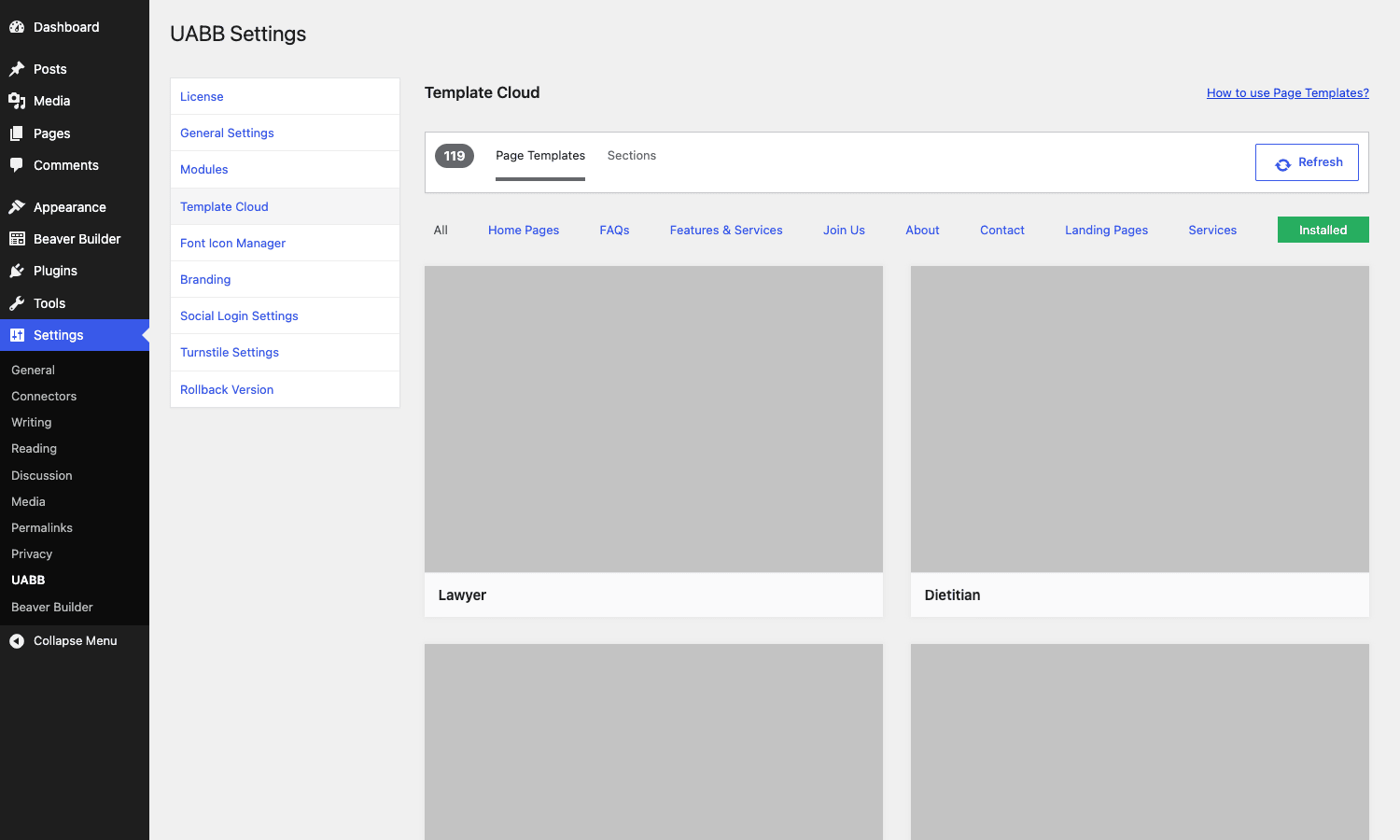 UABB Template Cloud - 119 page templates organized by category UABB Template Cloud showing 119 page templates with category filters