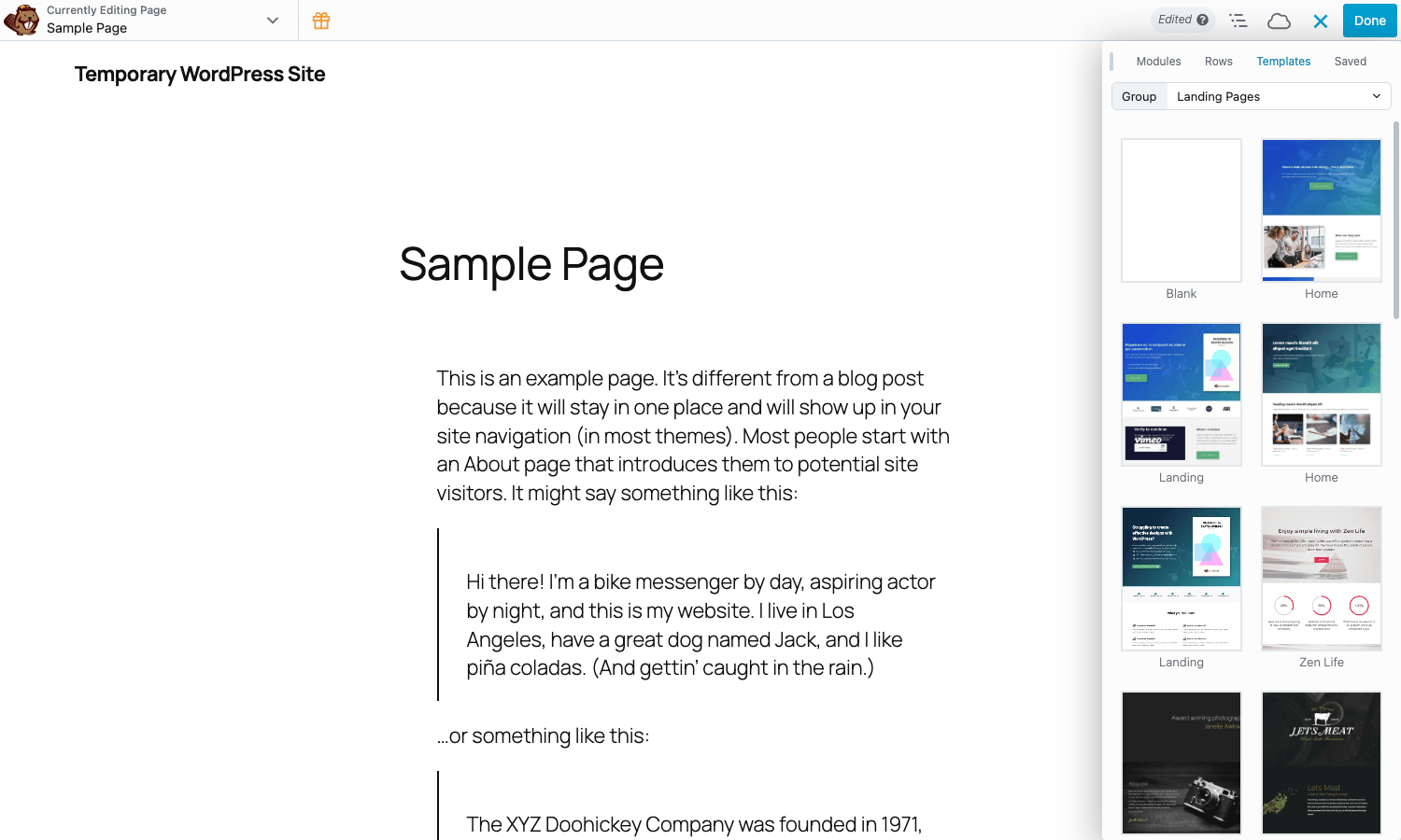 Beaver Builder Templates panel - UABB cloud templates Beaver Builder Templates panel showing landing page templates from UABB