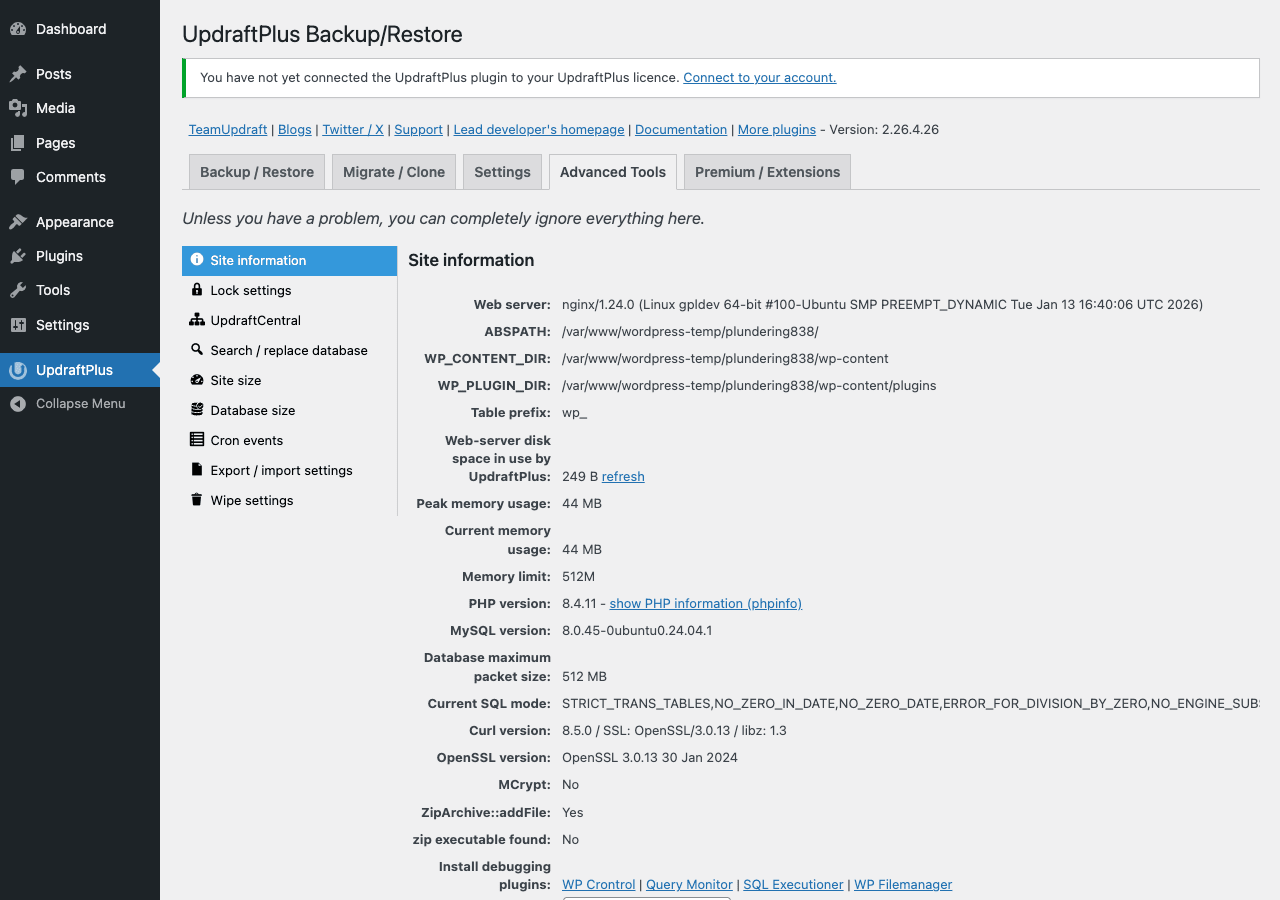 UpdraftPlus Advanced Tools showing Site information panel with PHP version, MySQL version, peak memory usage, table prefix, paths, and other debugging info, plus side nav (Site information, Lock settings, Reset, Search/replace database, Wipe settings, Export/import settings, Tools)