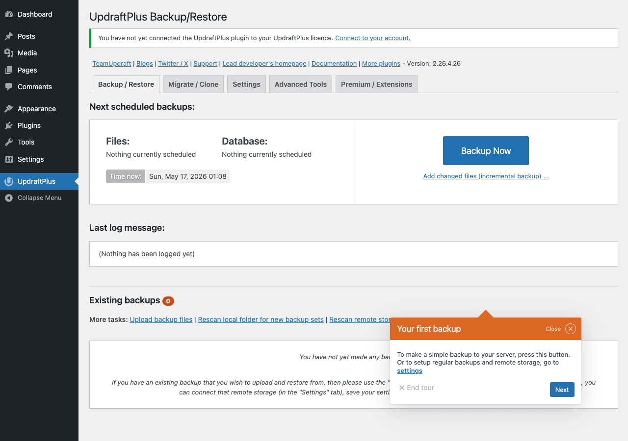 UpdraftPlus Backup/Restore dashboard showing Next scheduled backups panel with Files and Database status, the big blue Backup Now button, Last log message, Existing backups list, and tab navigation: Backup / Restore, Migrate / Clone, Settings, Advanced Tools, Premium / Extensions