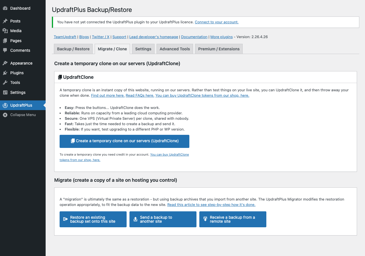 UpdraftPlus Migrate / Clone tab showing UpdraftClone block with bullets (Easy, Reliable, Secure, Fast, Flexible) and a "Create a temporary clone on our servers (UpdraftClone)" button, plus a Migrate section with "Restore an existing backup set onto this site / Send a backup to another site / Receive a backup from a remote site" buttons