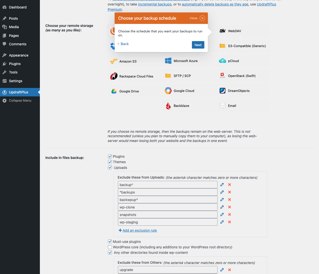 UpdraftPlus Settings showing Choose your remote storage panel with all available cloud backends (WebDAV, S3-Compatible, Amazon S3, Microsoft Azure, pCloud, Rackspace Cloud Files, SFTP/SCP, OpenStack, Google Drive, Google Cloud, DreamObjects, Backblaze, Email), Include in files backup section with Plugins/Themes/Uploads checkboxes, and exclusion rules