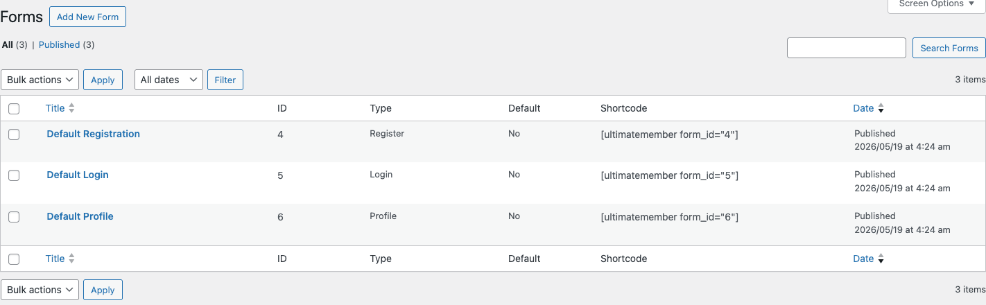 Ultimate Member Forms list Ultimate Member Forms list with Default Registration, Default Login, and Default Profile forms with their shortcodes