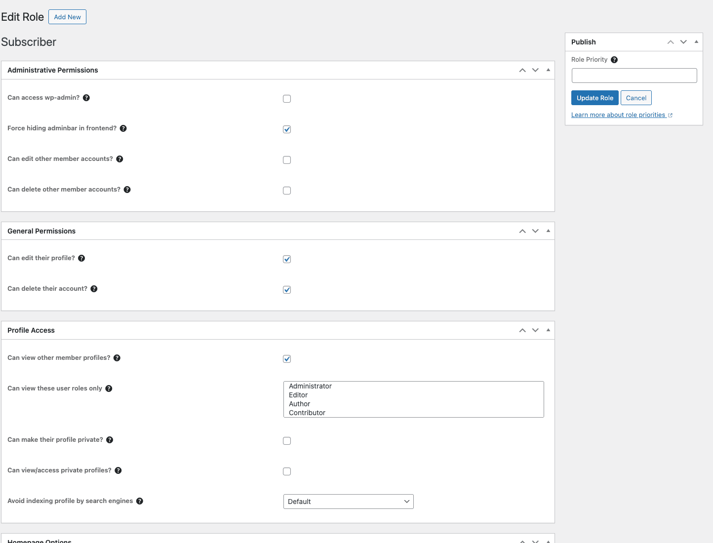 Ultimate Member Role editor Ultimate Member Edit Role page for Subscriber showing Administrative Permissions (Can access wp-admin, Force hiding adminbar in frontend, Can edit other member accounts, Can delete other member accounts), General Permissions (Can edit their profile, Can delete their account), Profile Access (Can view other member profiles, Can view these user roles only Administrator/Editor/Author/Contributor, Can make their profile private, Can view/access private profiles, Avoid indexing profile by search engines), Homepage Options
