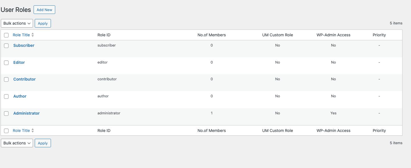 Ultimate Member User Roles list Ultimate Member User Roles list showing Subscriber, Editor, Contributor, Author, Administrator with Role IDs, Number of Members, UM Custom Role flag, WP-Admin Access, and Priority columns