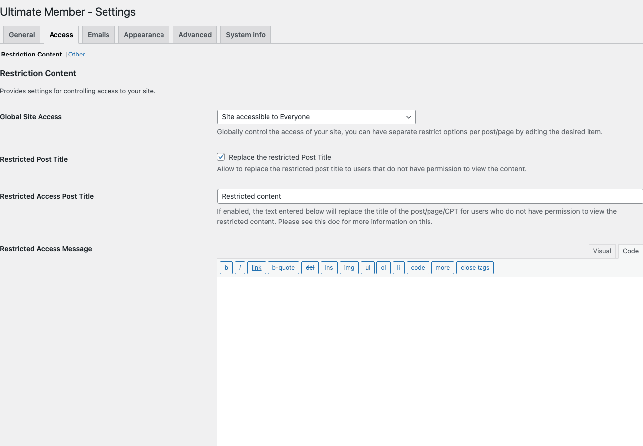 Ultimate Member Access > Restriction Content Ultimate Member Settings Access tab with Restriction Content sub-tab showing Global Site Access, Restricted Post Title, Restricted Access Post Title, Restricted Access Message
