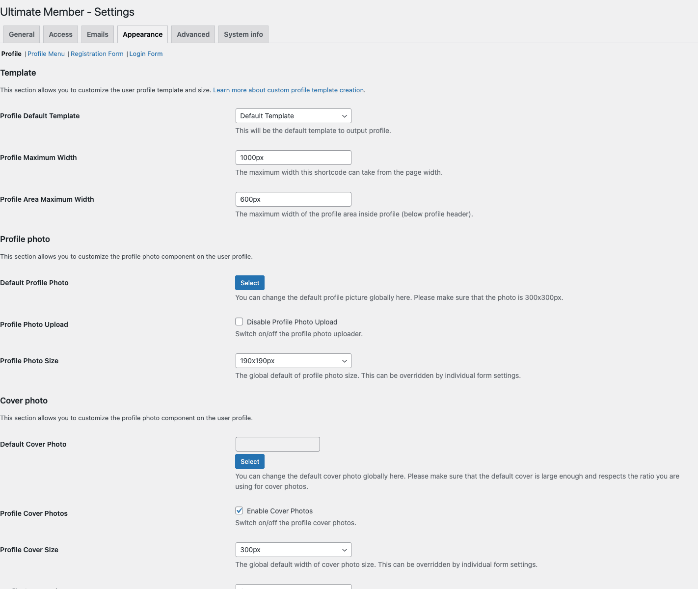 Ultimate Member Appearance settings Ultimate Member Settings Appearance > Profile sub-tab with Template (Default Template, Profile Maximum Width 1000px, Profile Area Maximum Width 600px), Profile photo (Default Photo, Profile Photo Upload, Profile Photo Size 190x190px), Cover photo (Default, Enable Cover Photos, Profile Cover Size 300px)