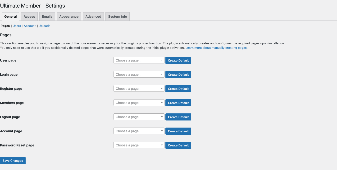 Ultimate Member General > Pages settings Ultimate Member Settings General > Pages tab with assignment dropdowns for User page, Login page, Register page, Members page, Logout page, Account page, and Password Reset page