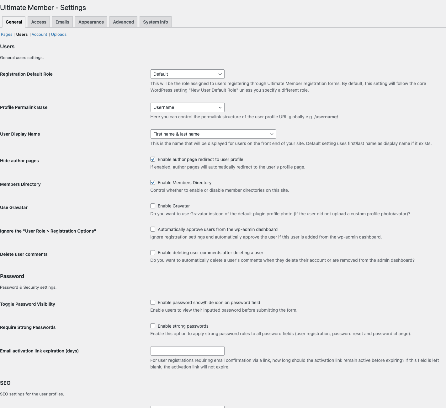 Ultimate Member General > Users settings Ultimate Member Settings Users sub-tab with Registration Default Role, Profile Permalink Base, User Display Name, Hide author pages, Members Directory, Use Gravatar, Delete user comments, Password section (Toggle Password Visibility, Require Strong Passwords, Email activation link expiration), SEO section