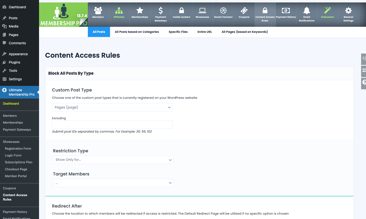 Content Access Rules. The plugin can restrict whole post types, specific categories, individual URLs, or files. Content Access Rules tab