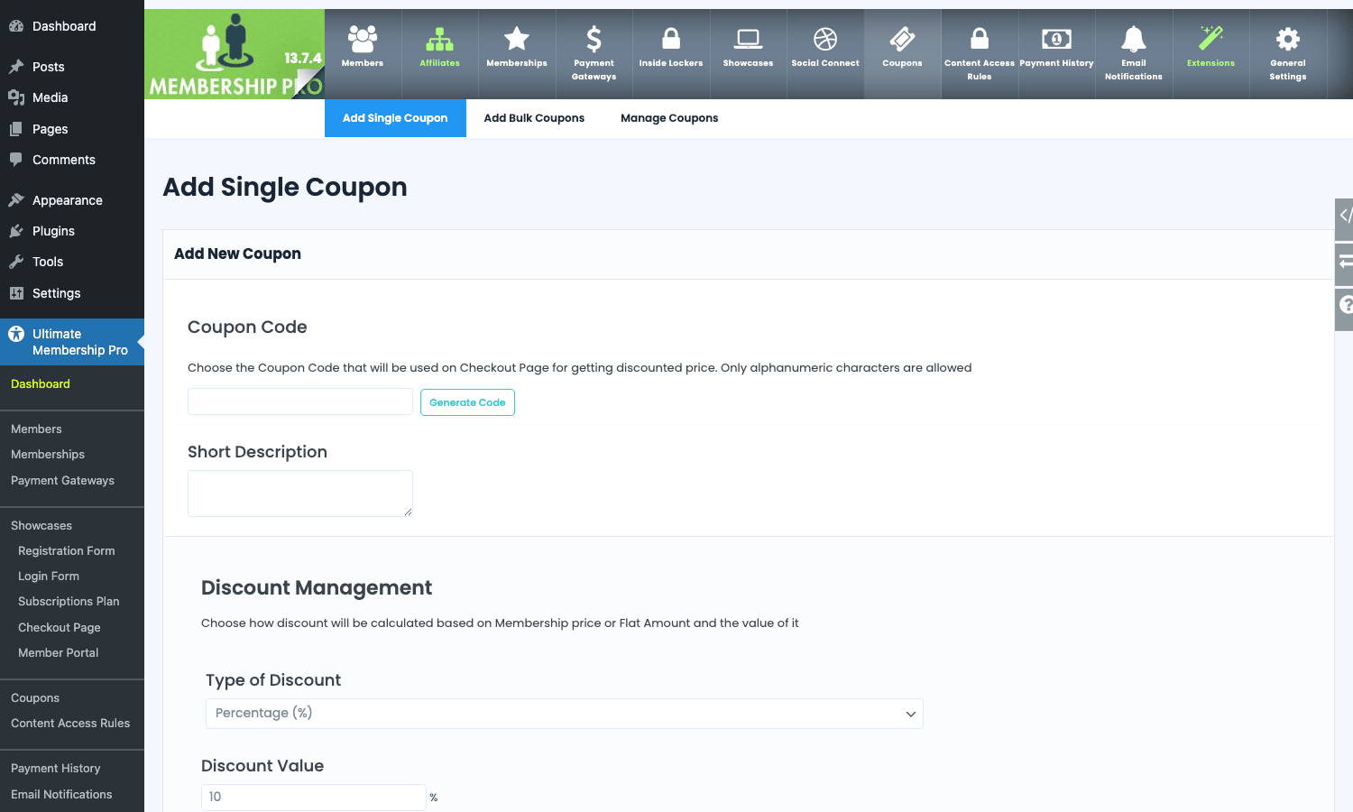Coupons can be percentage or flat, with usage caps and a target membership list. Add Single Coupon form