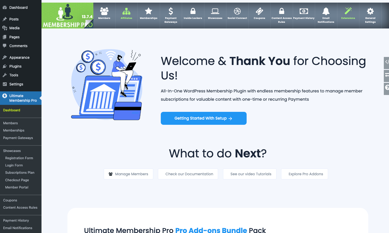 The UMP dashboard. The top bar is the plugin's primary nav; the left WP sidebar mirrors the same tabs. Ultimate Membership Pro admin dashboard