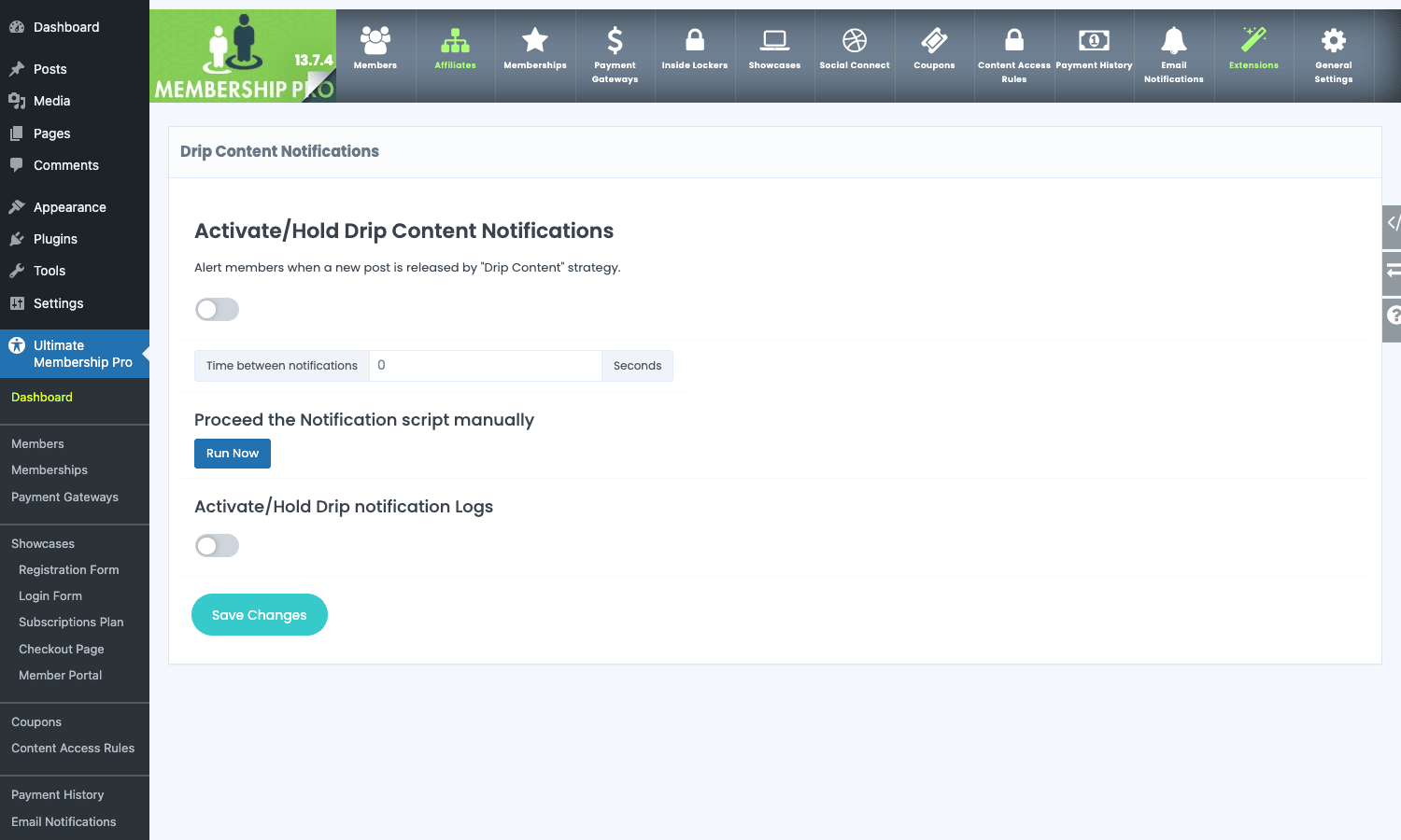 Drip Content Notifications. The toggle activates email alerts when scheduled posts unlock for a member. Drip Content Notifications settings