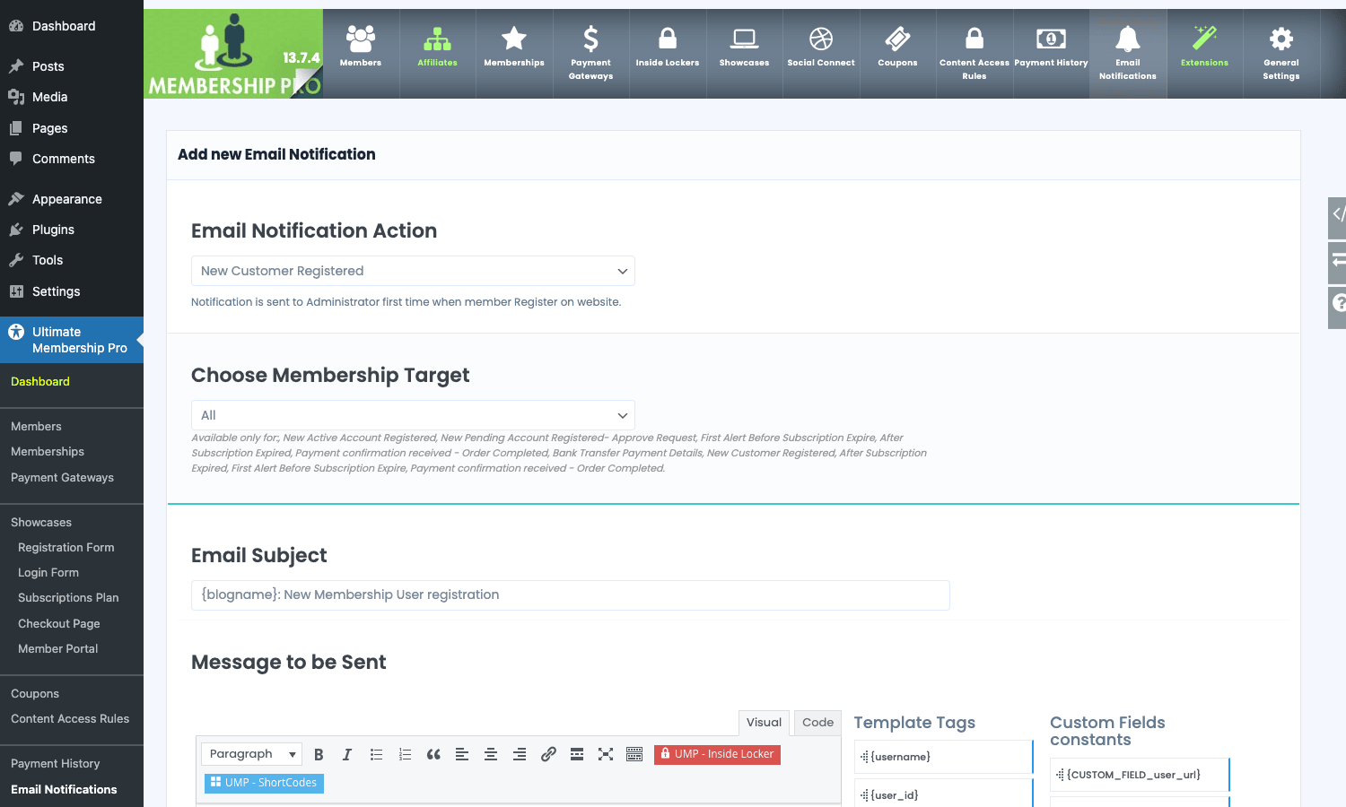 Add new Email Notification. Pick an action, pick membership targets, write the subject and body, drop in merge tags. Email notification builder