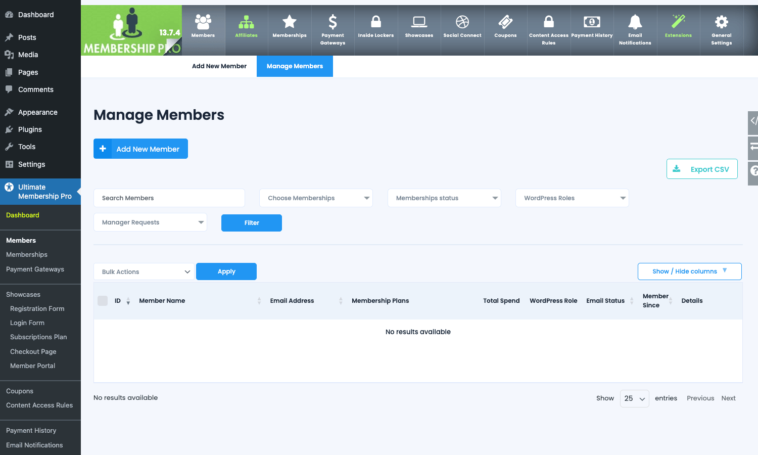 Manage Members. Filter by membership, status, role, and bulk-action across rows. Manage Members table