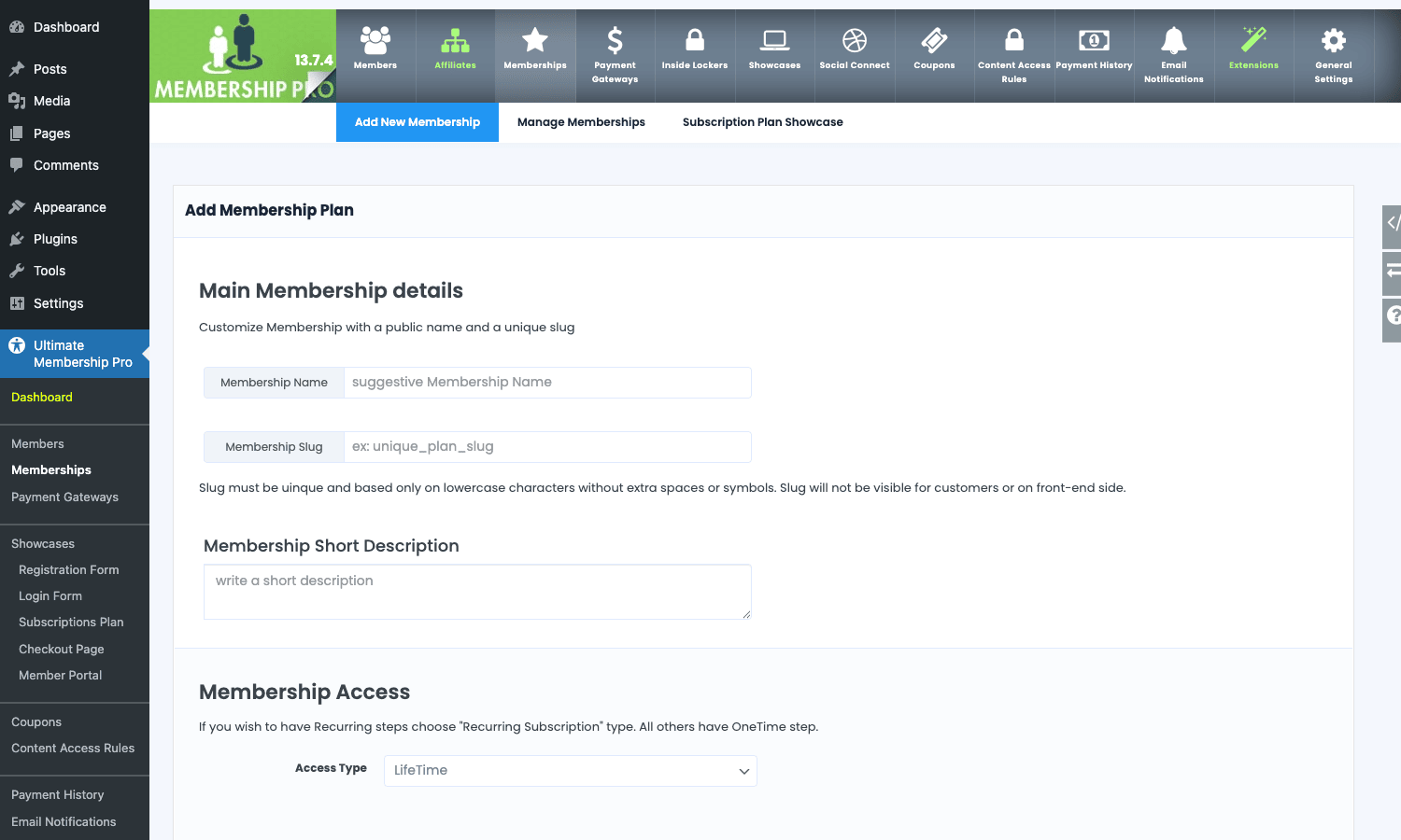 Adding a new membership plan. Name, slug, description, then access mode and price below the fold. Add Membership Plan form in Ultimate Membership Pro
