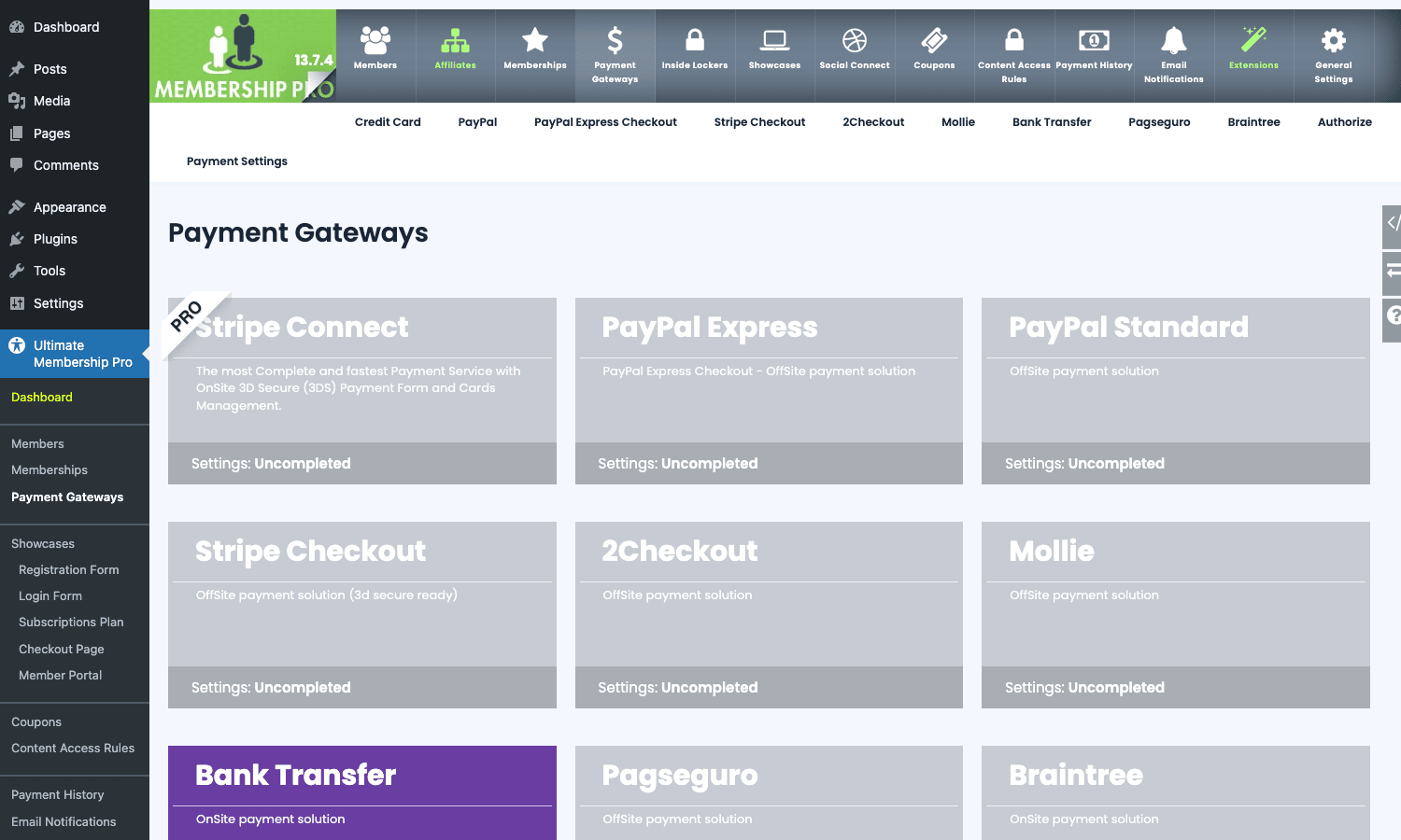 Eleven gateways out of the box. Stripe Connect supports marketplace-style vendor payouts. Payment Gateways tab
