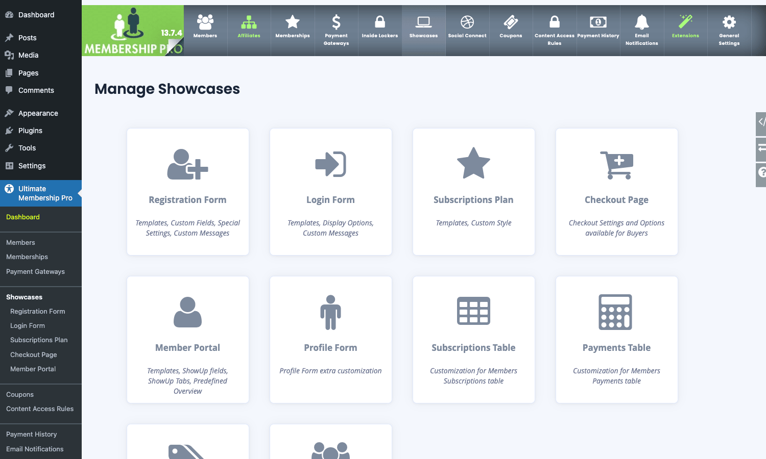 Each tile is a designer for a front-end surface. Registration Form, Login Form, Subscriptions Plan pricing-table, Checkout, and the Member Portal. Showcases tab