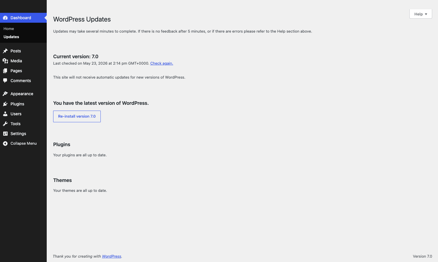 Dashboard -> Updates with current version 7.0 confirmed WordPress 7.0 WordPress Updates screen showing current version 7.0