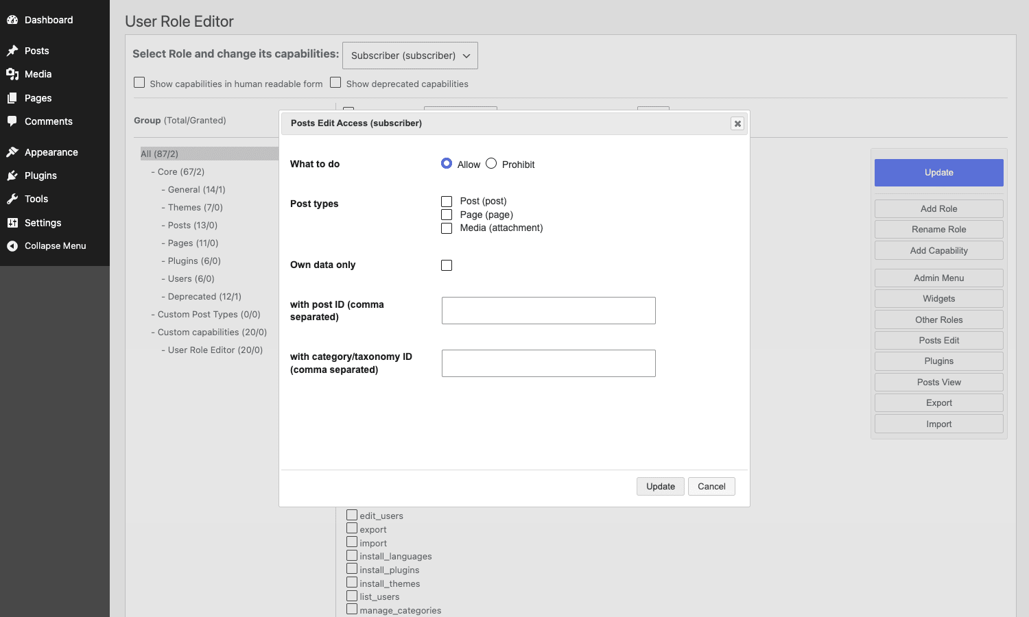 Posts Edit Access dialog User Role Editor Posts Edit Access dialog for the Subscriber role showing Allow/Prohibit, post type filters, own-data-only toggle, and category/post ID filters