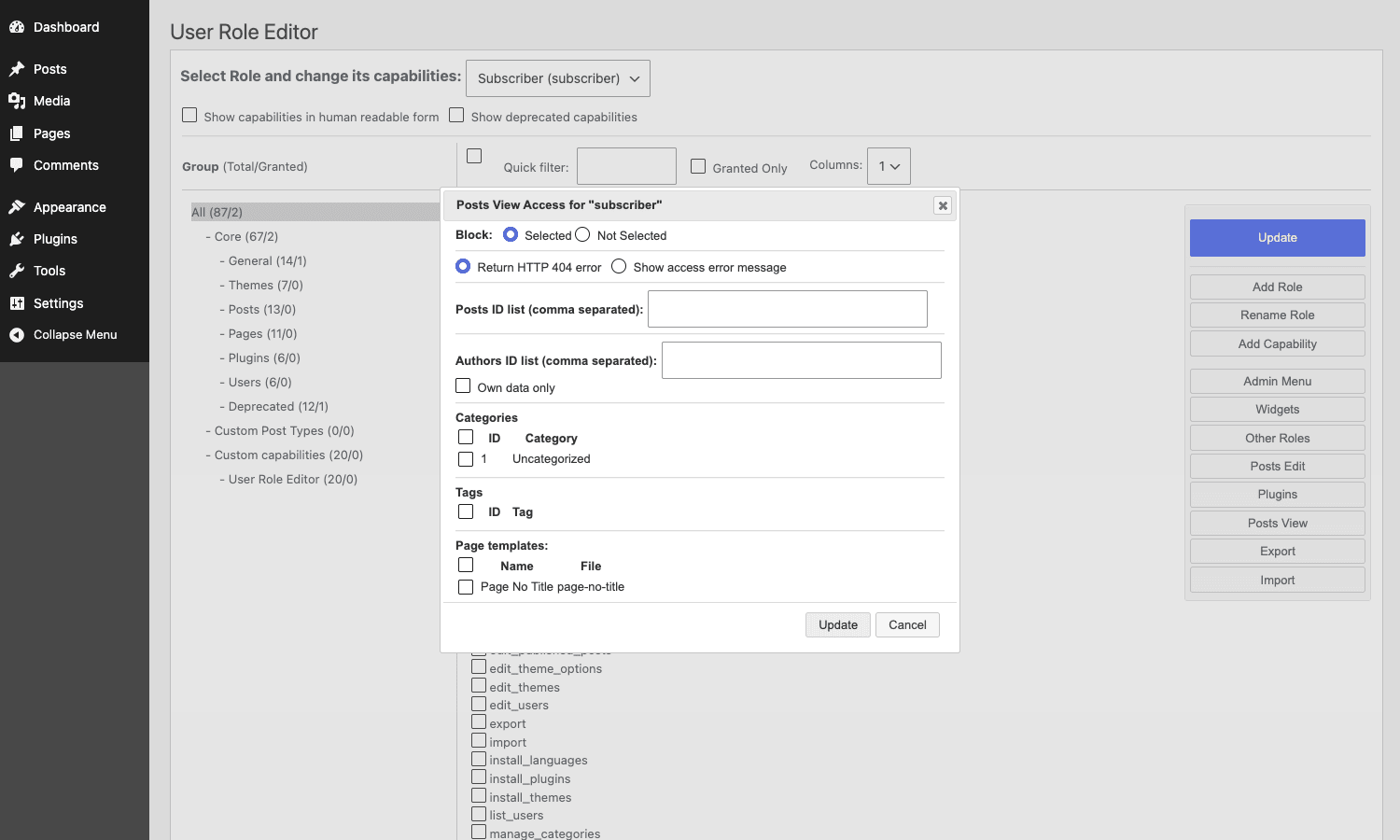 Posts View access dialog User Role Editor Posts View access dialog with HTTP 404 / message options, posts ID list, authors, categories, tags, and page templates