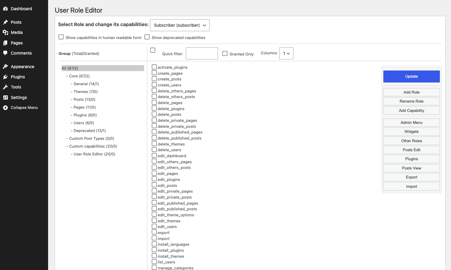 User Role Editor role-level capability grid User Role Editor role-level capability grid for the Subscriber role with all Pro toolbar buttons on the right