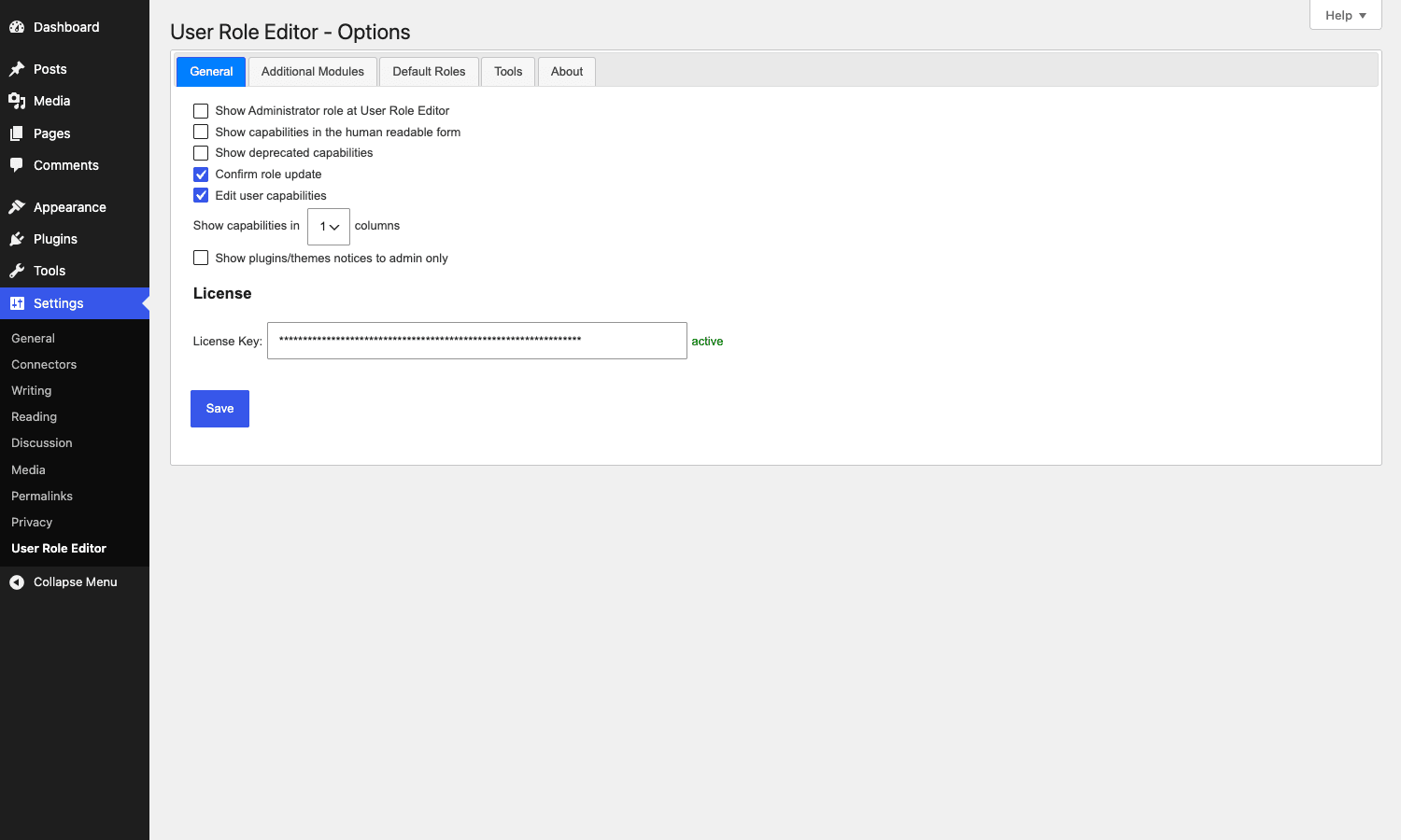 User Role Editor Pro General settings User Role Editor settings General tab with license activation and core display options
