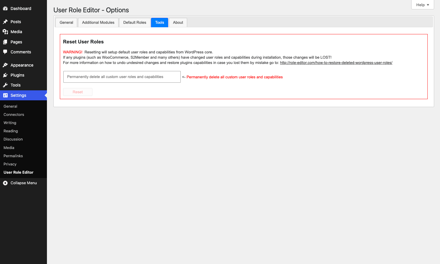User Role Editor Pro Tools tab User Role Editor Settings Tools tab with the role-reset warning