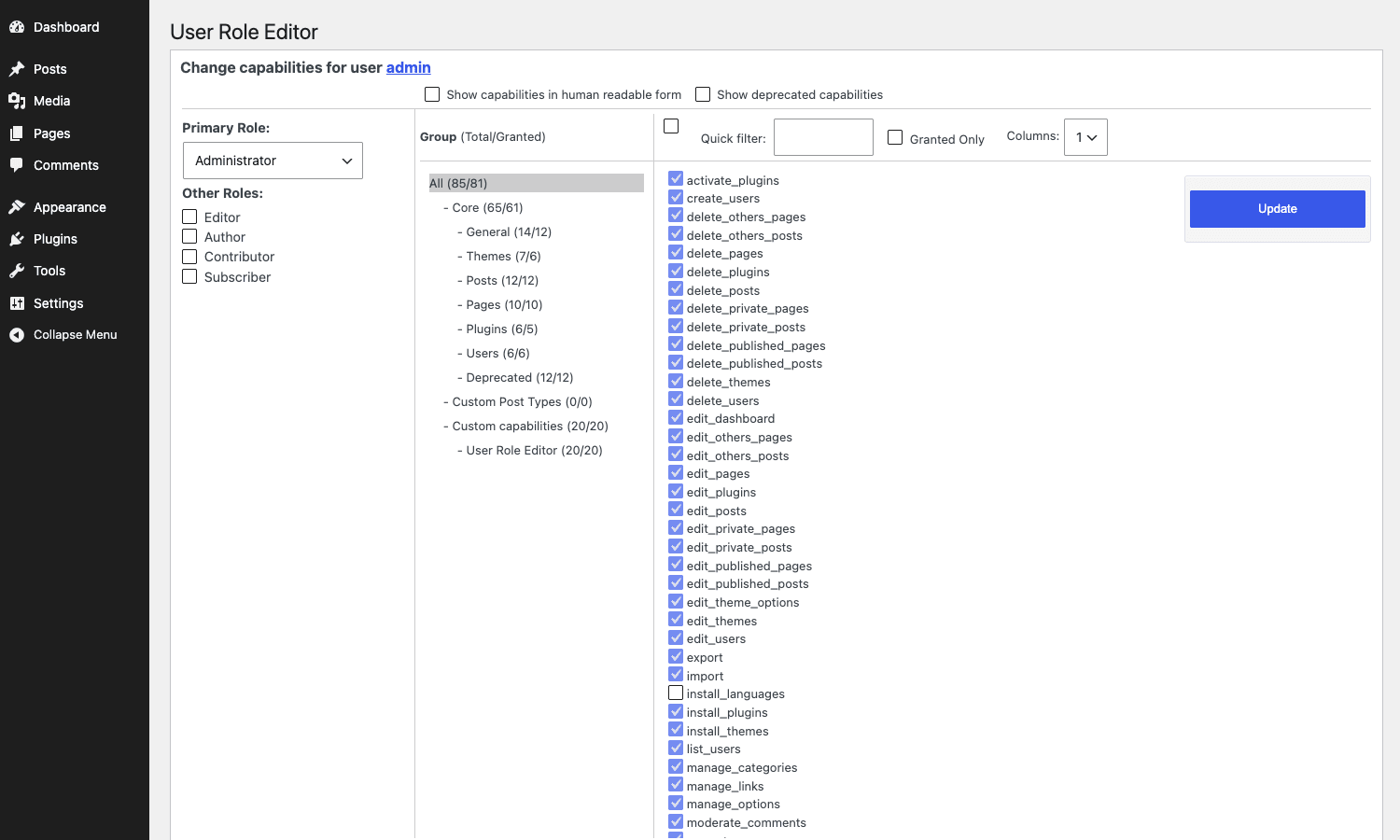 Per-user capabilities editor Per-user capability override for the admin user showing primary and other roles selectors plus the capability grid