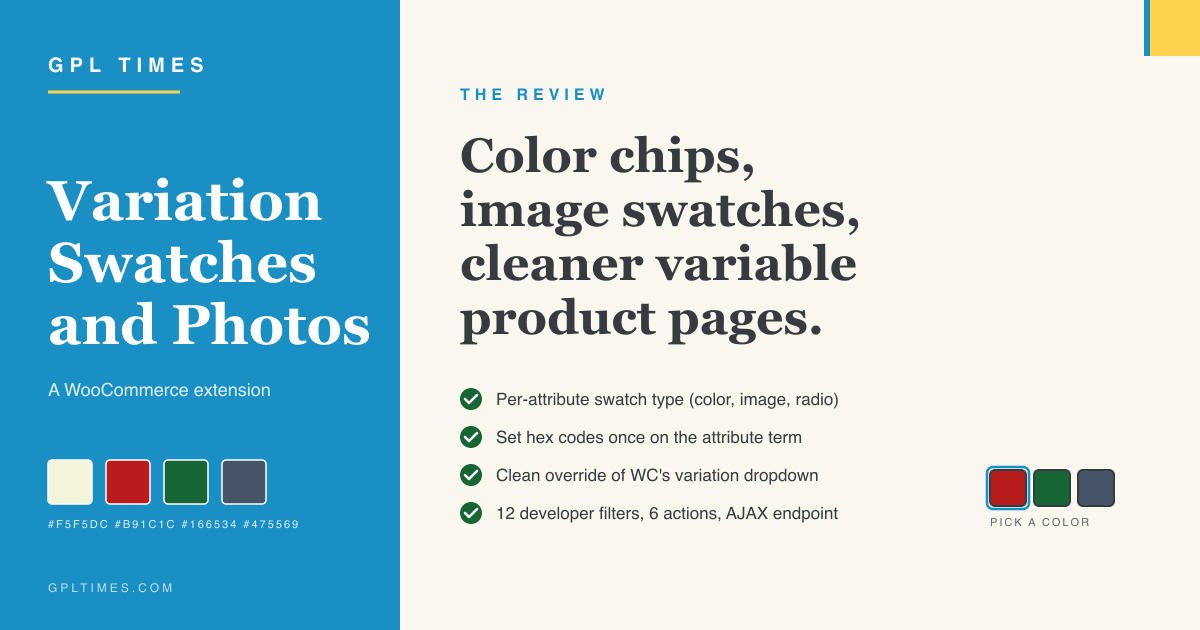 What Variation Swatches and Photos adds to WooCommerce product pages review on GPL Times