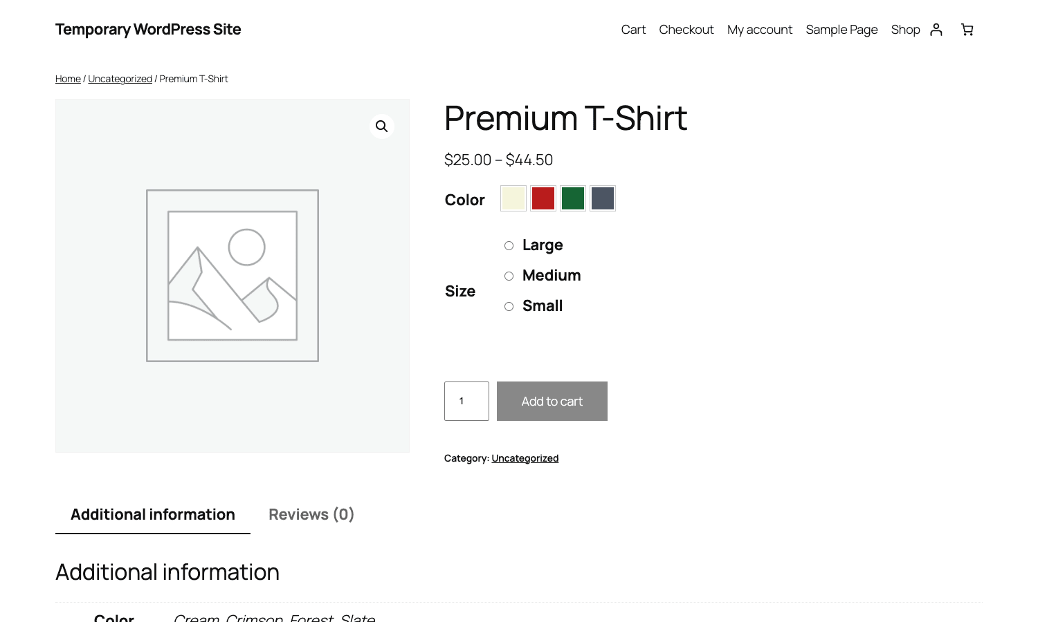 Variation Swatches and Photos on a variable WooCommerce product Premium T-Shirt product page showing four color swatches (Cream, Crimson, Forest, Slate) and three radio buttons for Size (Large, Medium, Small) rendered by Variation Swatches and Photos