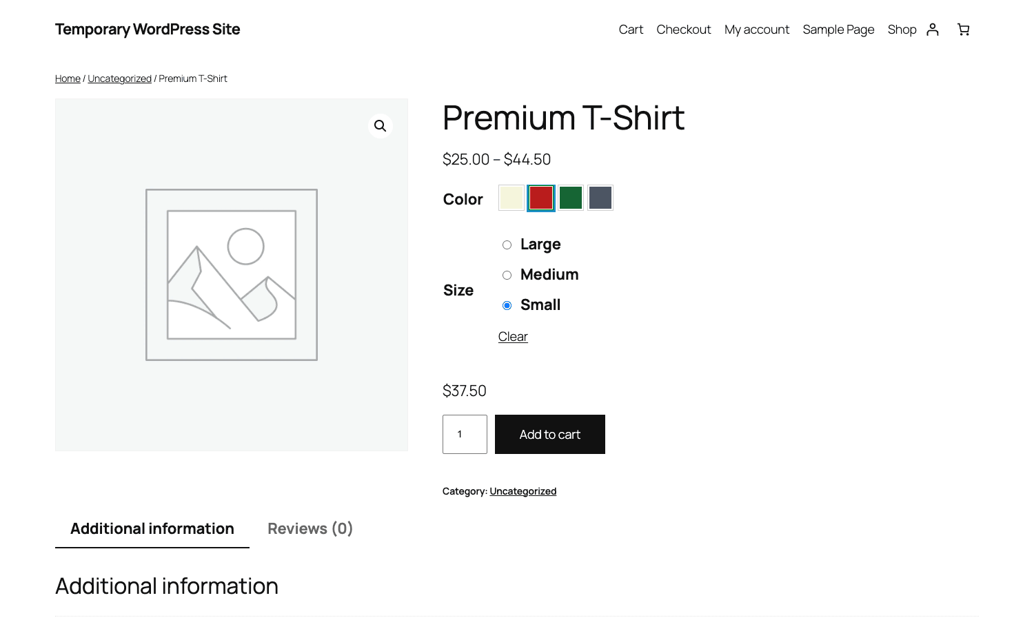 Front-end after selecting Crimson Small: price updates to the variation price Front-end product page after selecting Crimson swatch and Small size radio: the Crimson chip has a brand-blue focus ring, the Small radio is filled, and the price has updated to $37.50