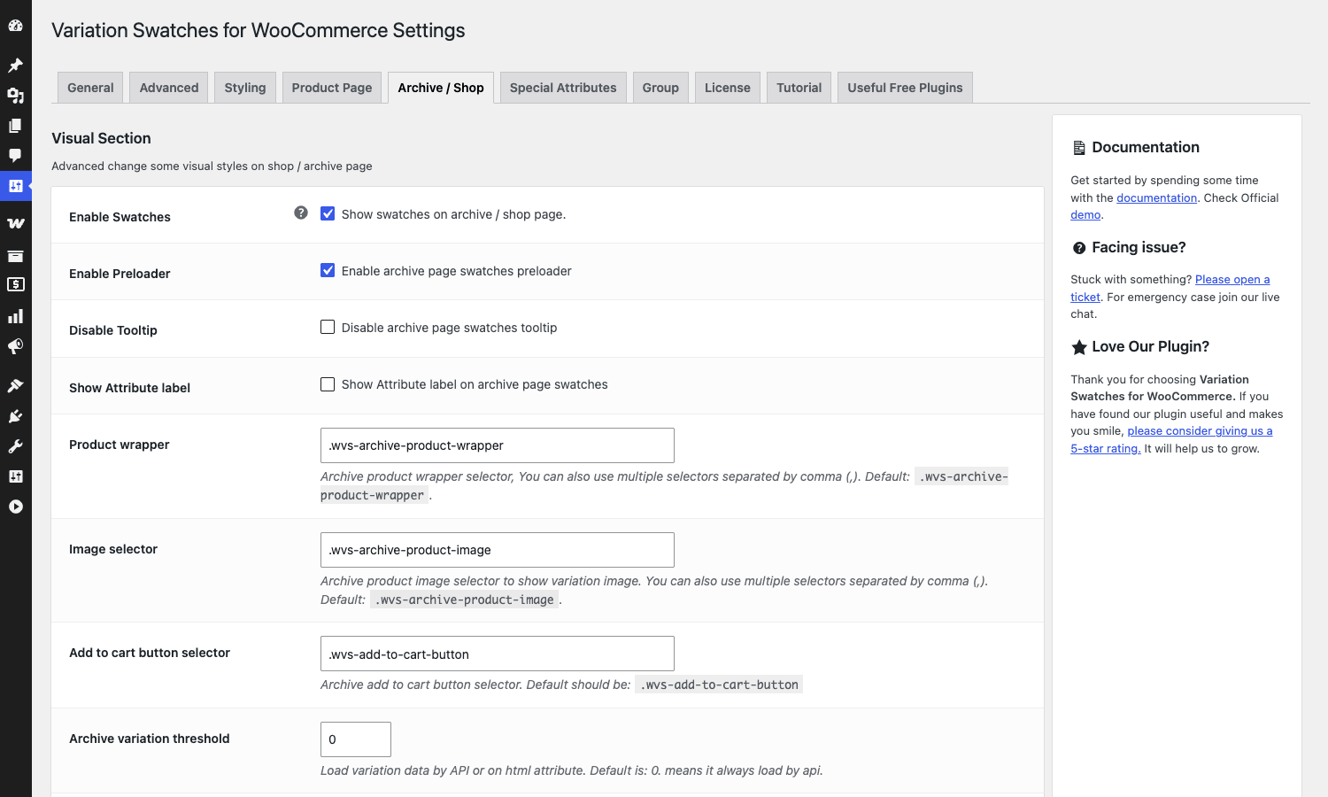 Archive settings tab Archive tab with enable swatches, preloader, tooltip toggle, product wrapper, image selector, add to cart selector