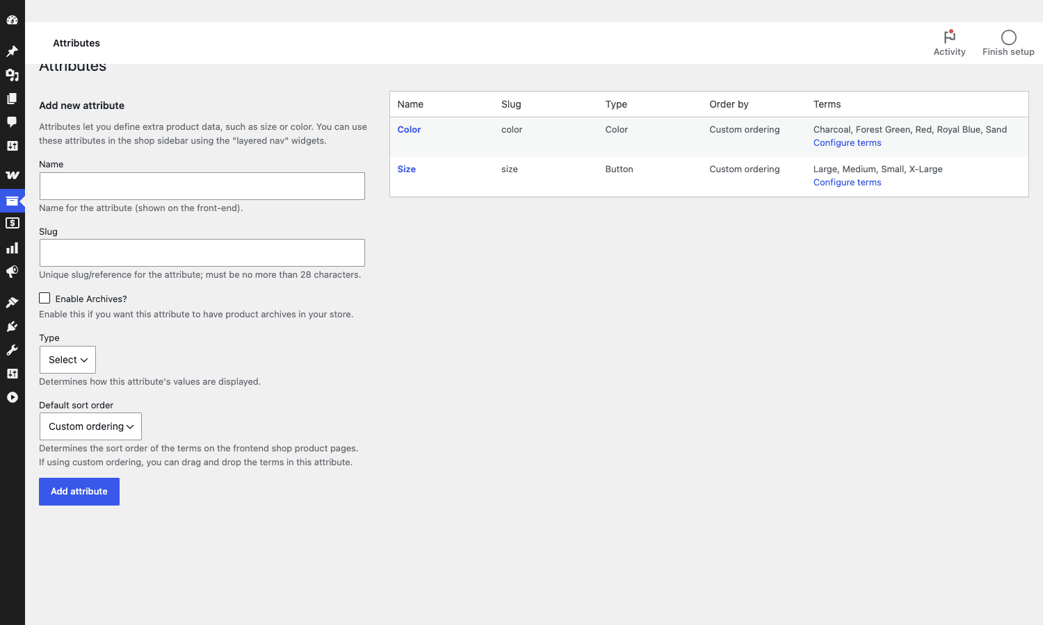 Attributes list with Color and Size WooCommerce Products Attributes screen showing the new Color and Size attributes with type and terms