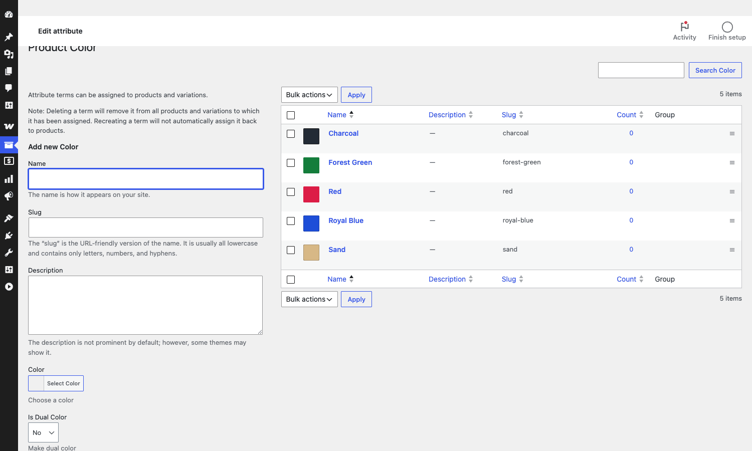Color attribute terms with color picker Color attribute terms screen with color picker, dual color, and tooltip fields