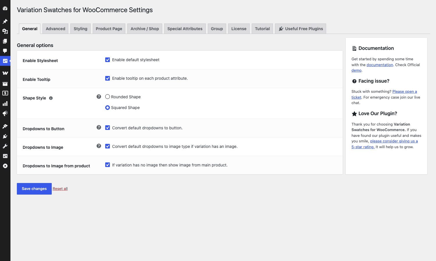 Variation Swatches Pro General settings Variation Swatches general settings tab showing enable stylesheet, enable tooltip, shape style, and dropdown conversion options