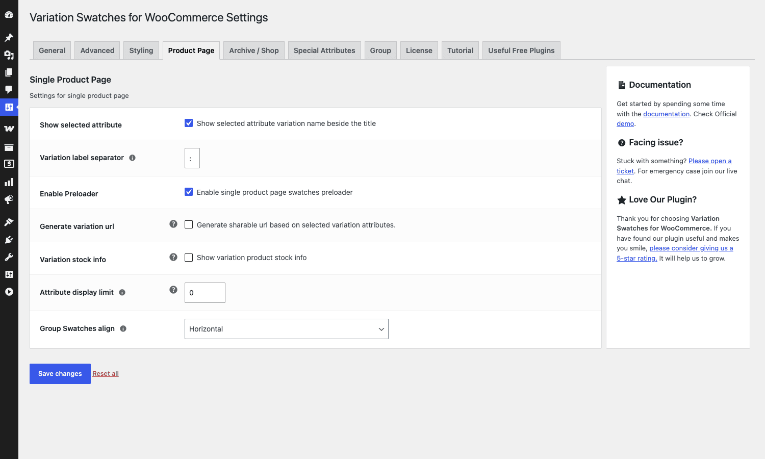 Product Page settings tab Product Page tab with show selected attribute, separator, preloader, attribute limit, group align