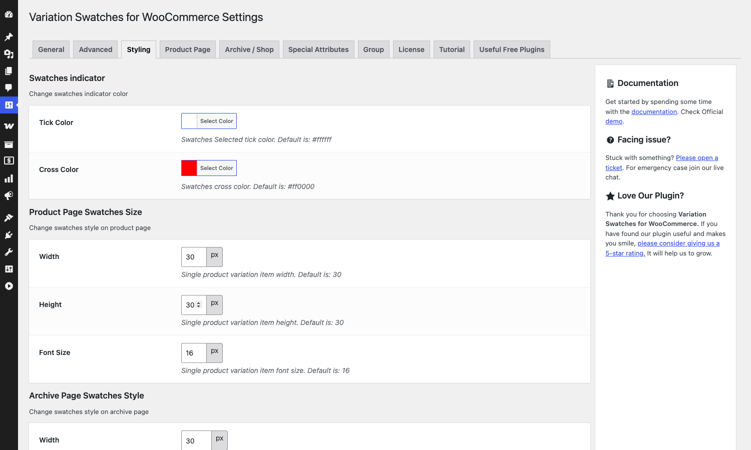 Styling settings tab Styling tab with tick color, cross color, swatch widths and heights