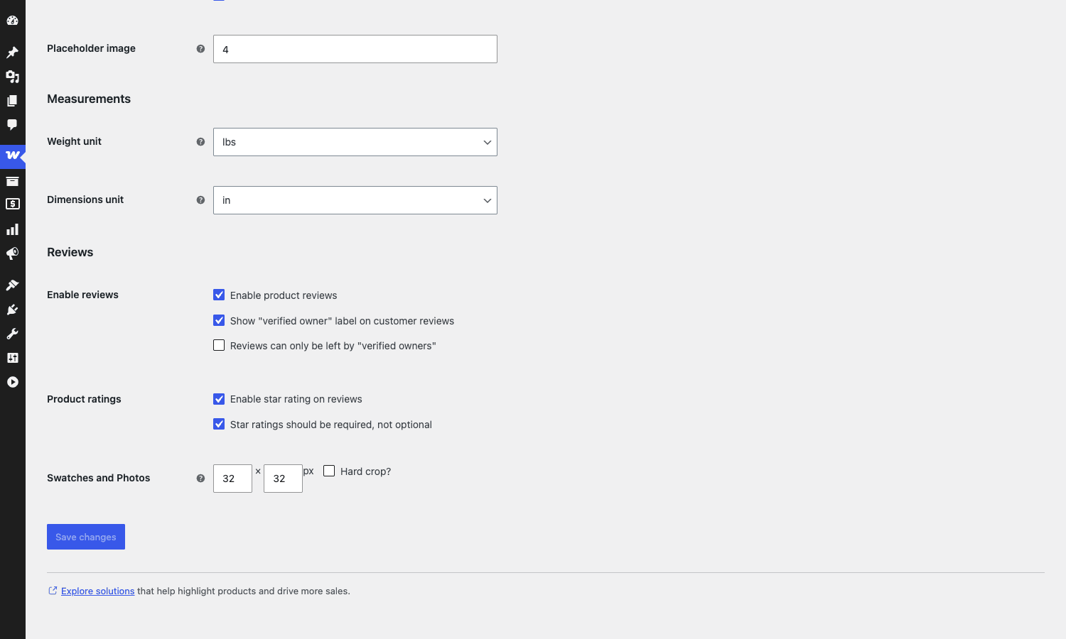 Default swatch image dimensions in WooCommerce > Settings > Products WooCommerce > Settings > Products page showing the Swatches and Photos image-size field set to 32 x 32 px with a Hard crop checkbox