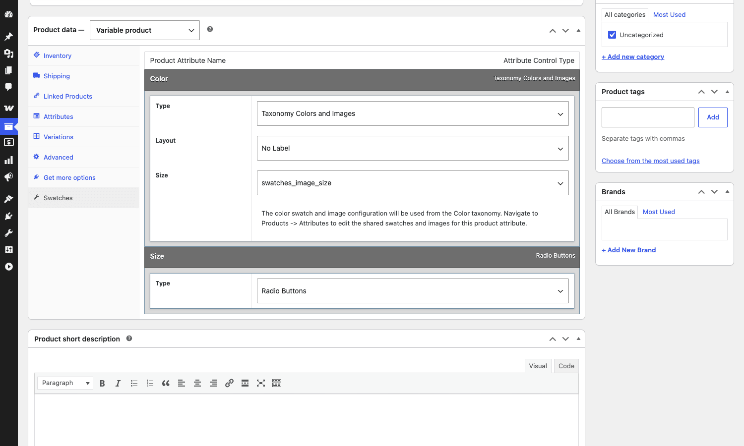 Per-attribute swatch type configuration on a variable product Swatches tab on the Premium T-Shirt product editor showing Color set to Taxonomy Colors and Images with No Label layout, and Size set to Radio Buttons