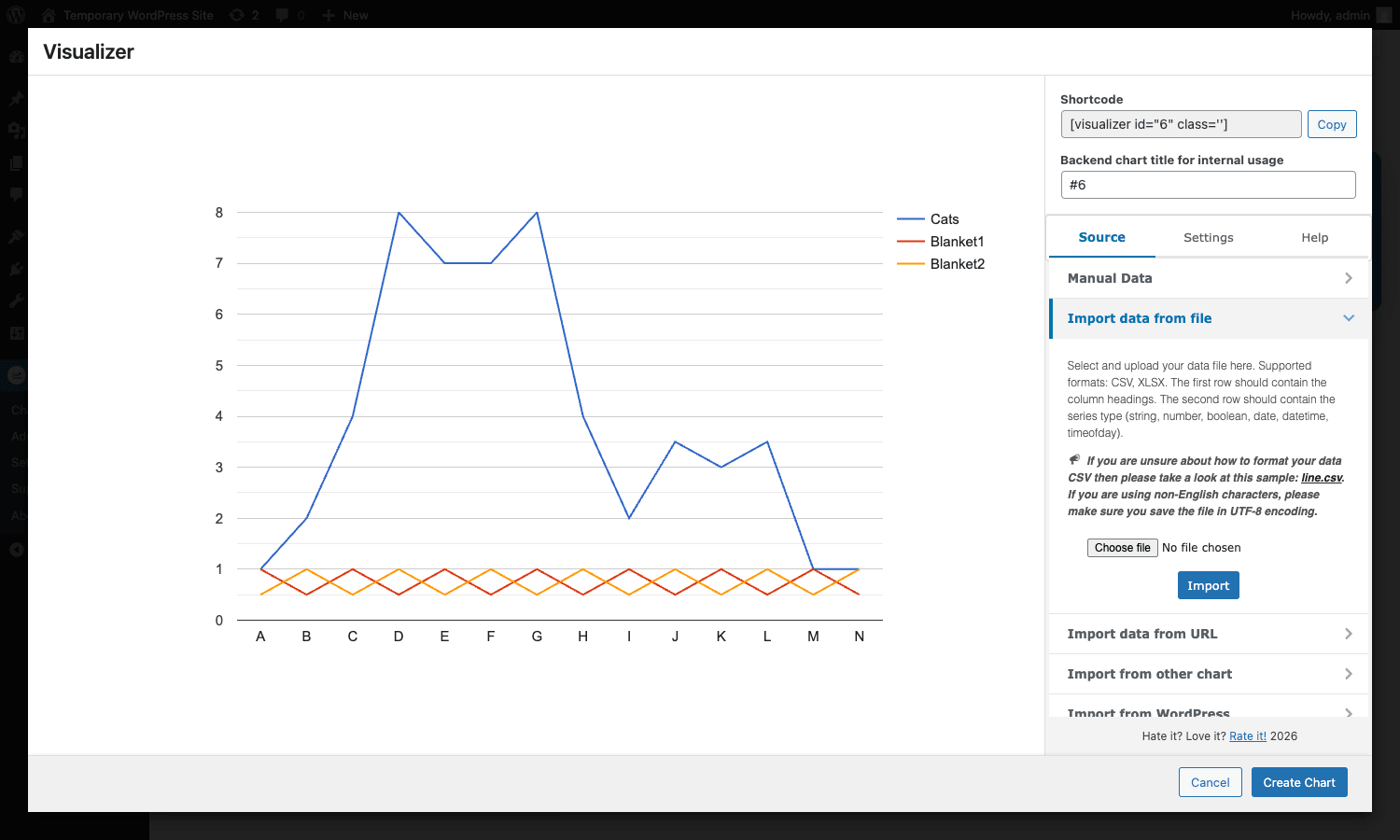 The chart editor with the Source tab Chart editor with Source tab open showing data import options