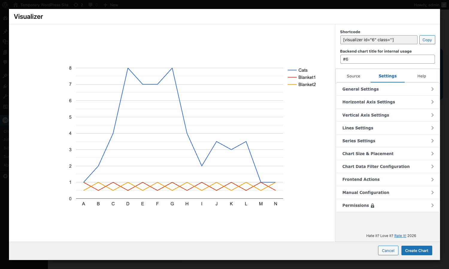 Customize axes, series, size, filters, and frontend actions Chart editor Settings tab showing General, Axes, Series, and Filter sections