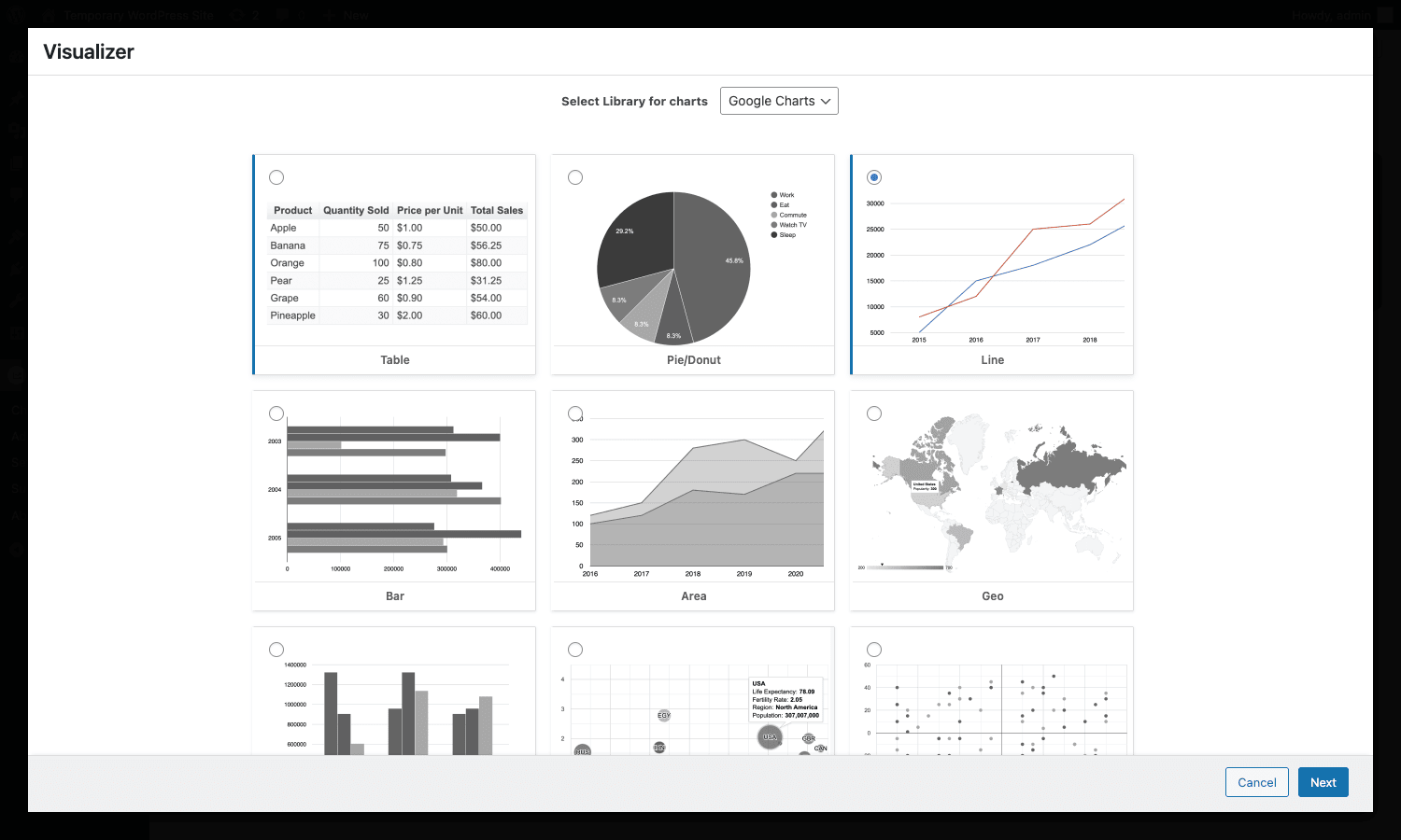 Pick your chart type from 16+ options Chart type picker with Google Charts library selected
