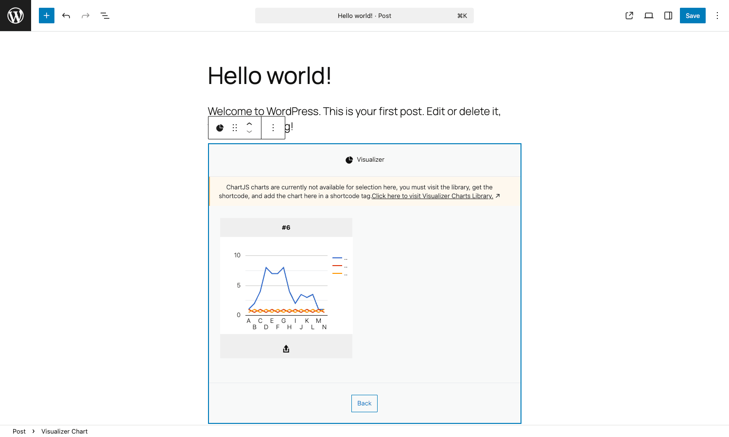 The Gutenberg block with the chart picker open Gutenberg block showing existing charts to embed