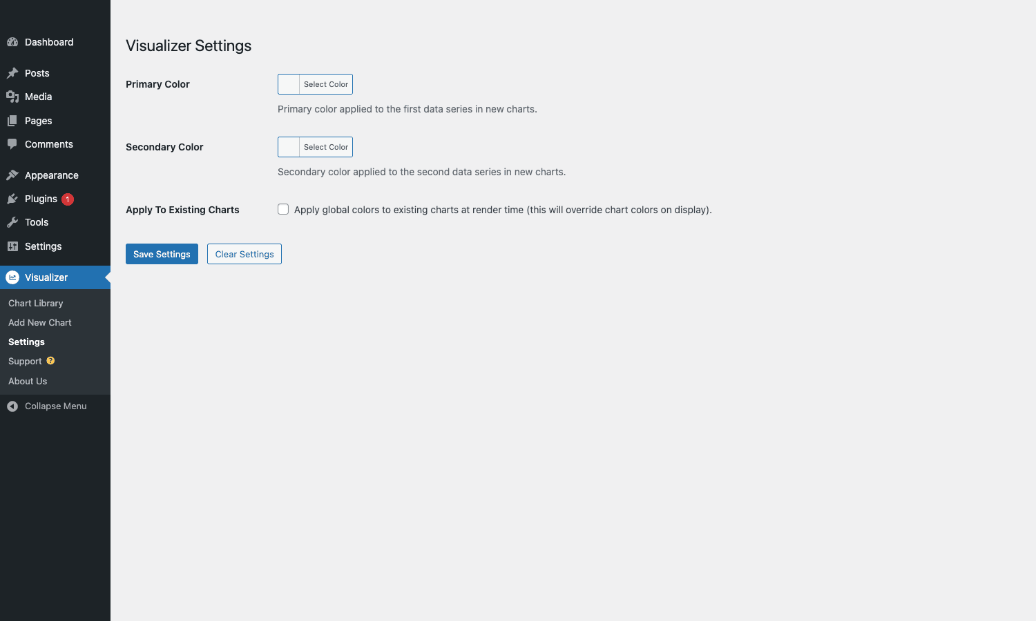 Set brand colors site-wide for all new charts Visualizer global settings page with primary/secondary color pickers