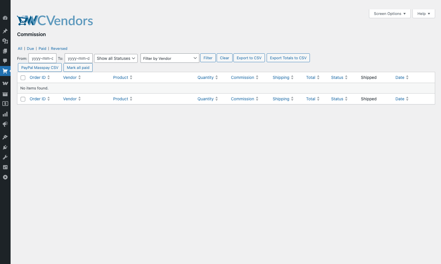 Commission ledger with filters and export buttons Commissions ledger filter bar and table showing due/paid statuses