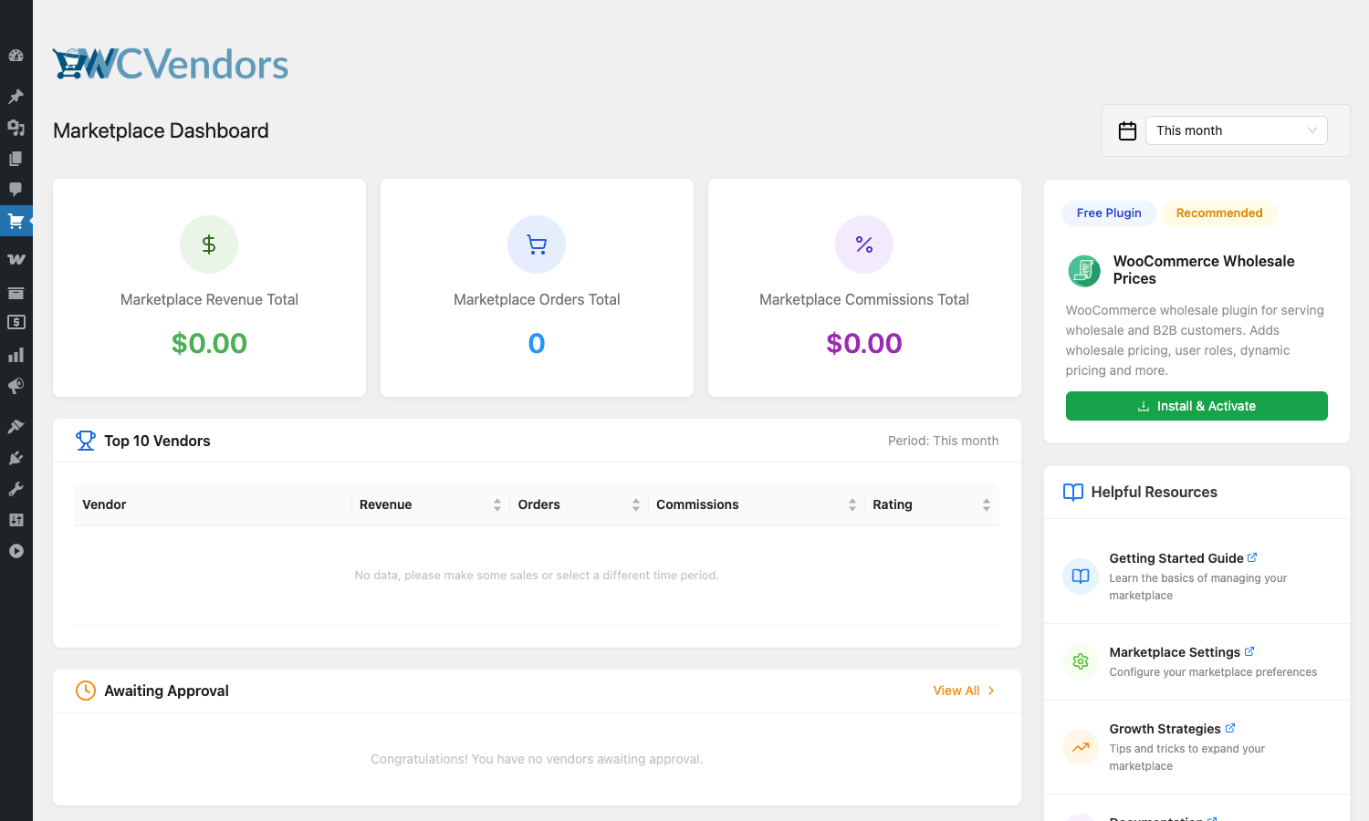 WC Vendors Pro marketplace dashboard in wp-admin WC Vendors Marketplace dashboard inside wp-admin showing revenue, orders, and commission totals