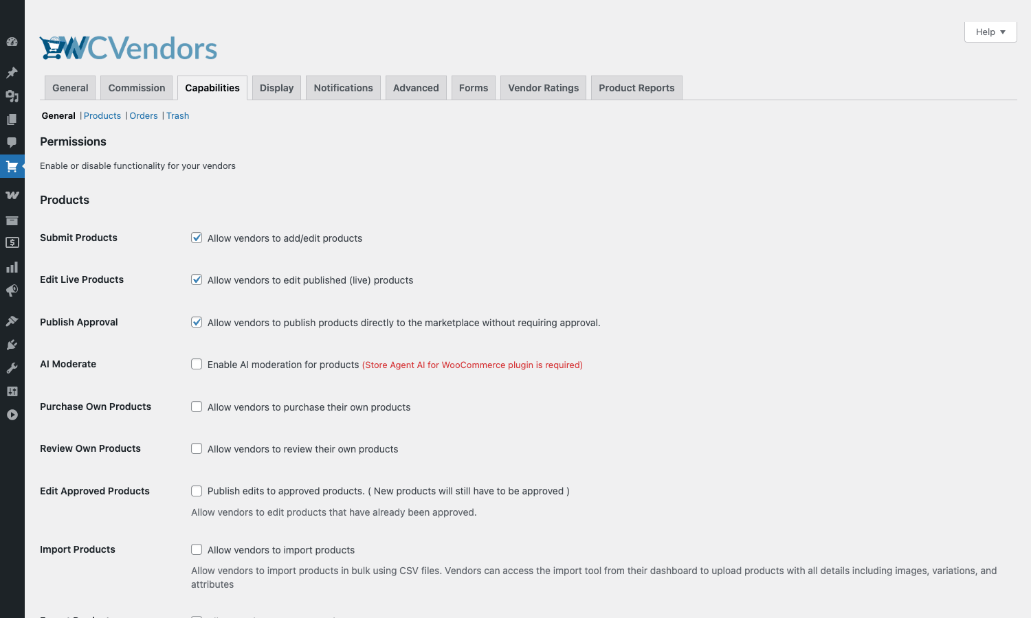 Vendor capability toggles Capabilities tab with toggles for submit products, edit live products, publish approval, and import