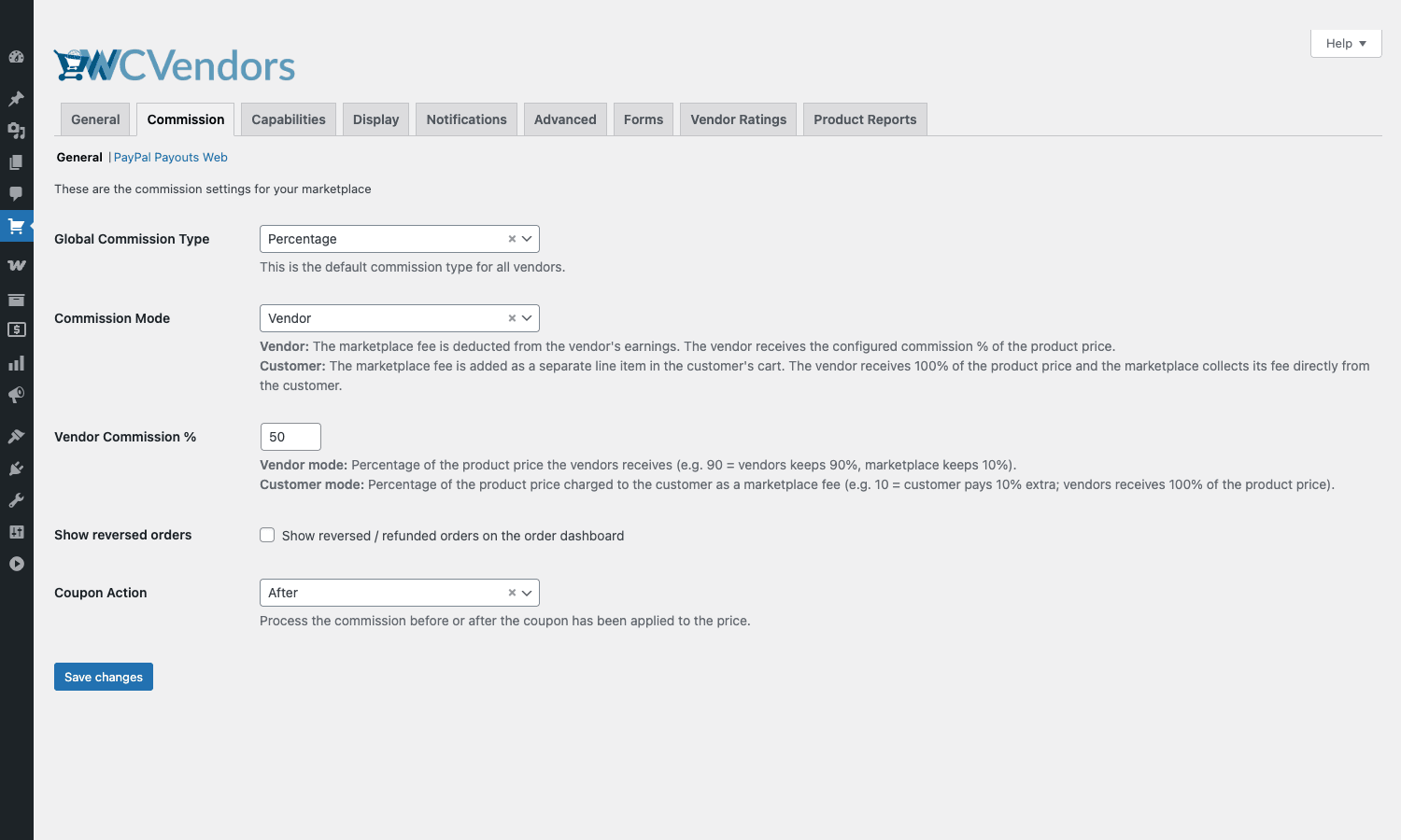 Commission rate and mode settings Commission settings showing global commission type, mode, and percentage